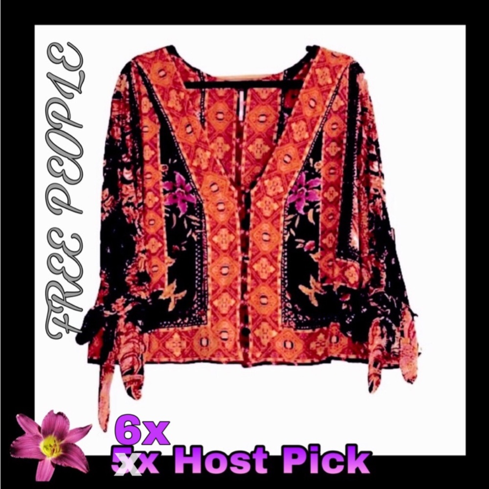 Free People elegant floral print cardigan jacket,  blouse self fabric buttons M